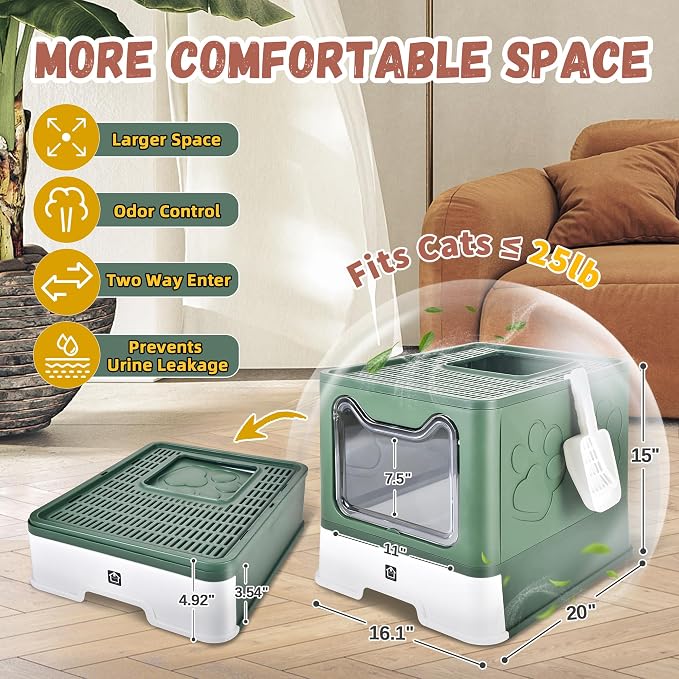 Covered Cat Litter Box, Extra Large Drawer Design with Dual Entry, Green | 13L litter capacity, adjustable door, leakproof structure, cleaning accessories, complimentary cat litter mat