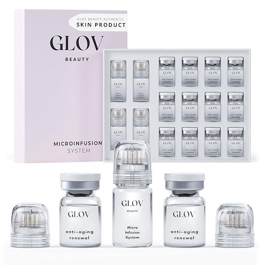 Glov Beauty Micro Infusion System for Face & Lips – 0.25mm 24k Gold Cosmetic Facial Stamp with Hyaluronic Acid, Collagen Peptides & Licorice Root Serum Ampoules (4x Infusion Application, 12x Serums)