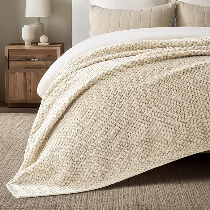 EVERGRACEHOME Chunky Chenille Knit Throw Blanket, 90 x 90, Beige | Sculpted Moss Stitch, Chic Modern Farmhouse, All-Season Warmth, OEKO-TEX® Certified, Oversized Queen for Couch, Bed, Sofa