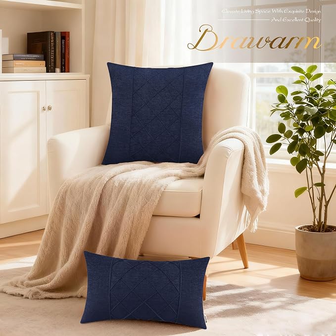BRAWARM Chenille Throw Pillow Covers 12x20 Inches, Navy Blue, 2 Pack | Decorative Lumbar Pleated Pillow Covers, Soft Cushion Cases for Sofa Bed Living Room Home Farmhouse (No Insert)