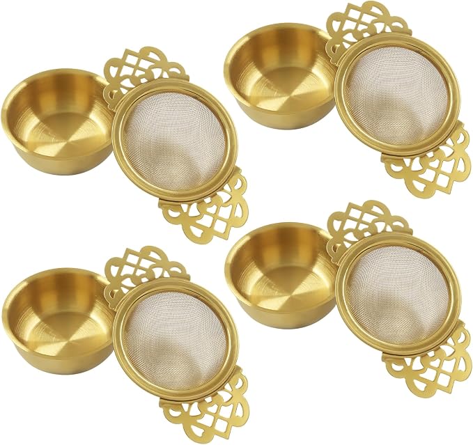 4 Pack Fine Mesh Tea Strainers with Drip Bowls, Stainless Steel Loose Leaf Tea Filter, Double Wing Handles for Mugs & Cups 2.5-4 Inch Mouth, Gold