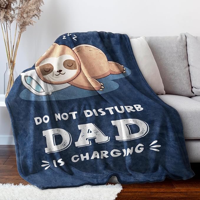 Leebbsin Funny Gift for Dad, Dads Birthday Gift from Daughter Son | Dad is Charging Sloth Blanket 60" x 80", Blue, Dads Gifts for Fathers Day Christmas, Soft Sloth Throws Blanket for Father