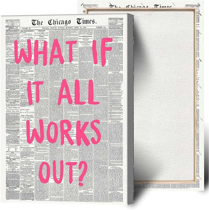 Drimiler What If It All Works Out Poster Retro Newspaper Pink Font Canvas Wall Art Positive Affirming Quote Minimalist Prints Painting For Home Bedroom Dorm Wall Decor 8x12in Wframed