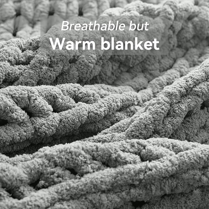 Negwoo Chunky Knit Throw Blanket, Knitted Throw Chenille Yarn, 50"*60" | Soft Thick Cable Knitted Blankets, Handmade Big Thick Blanket, Machine Washable Cute Comfy Blanket for Home Decor, Light grey