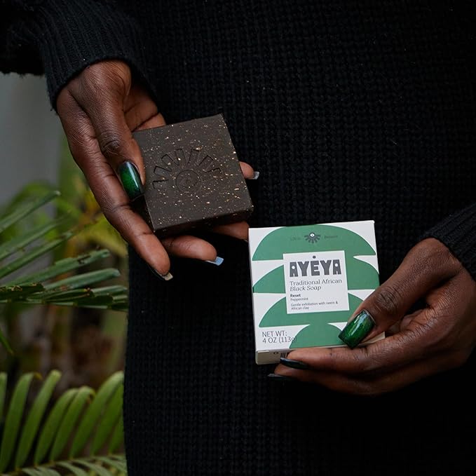 AYÉYA African Black Soap Bar, Peppermint (Reset) – Exfoliating Bar Soap for Acne-Prone Skin with Neem Oil, 4 Oz