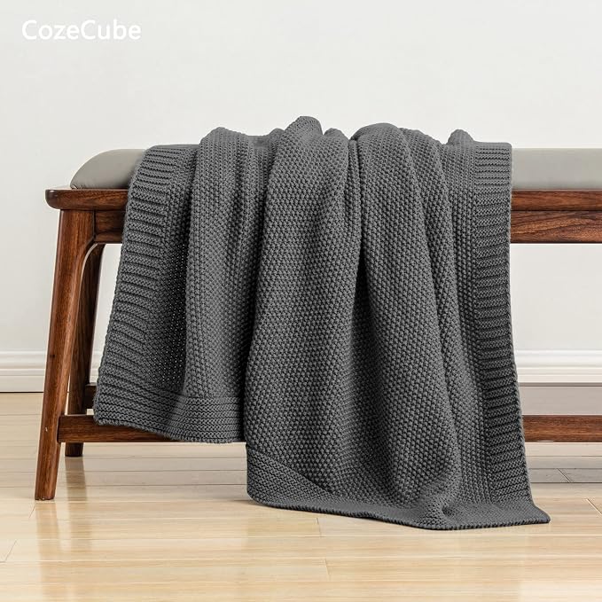 CozeCube Charcoal Grey Seed Stitch Throw Blanket 60"x80", Farmhouse Decor | Blanket for Couch, Soft Cozy Cable Knit Throw for Bed Sofa Living Room, Lightweight Warm Decorative Christmas Blanket