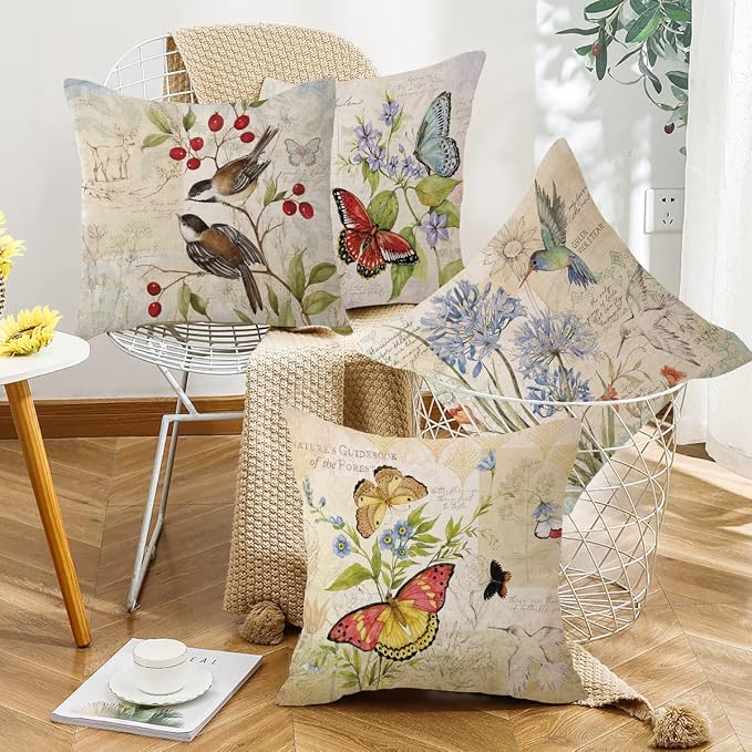wyooxoo Farmhouse Pillow Covers 16x16 Set of 4 Spring Summer Throw Pillow Covers Linen Flower Butterfly Bird Decorative Pillowcases for Sofa Couch Living Room Outdoor