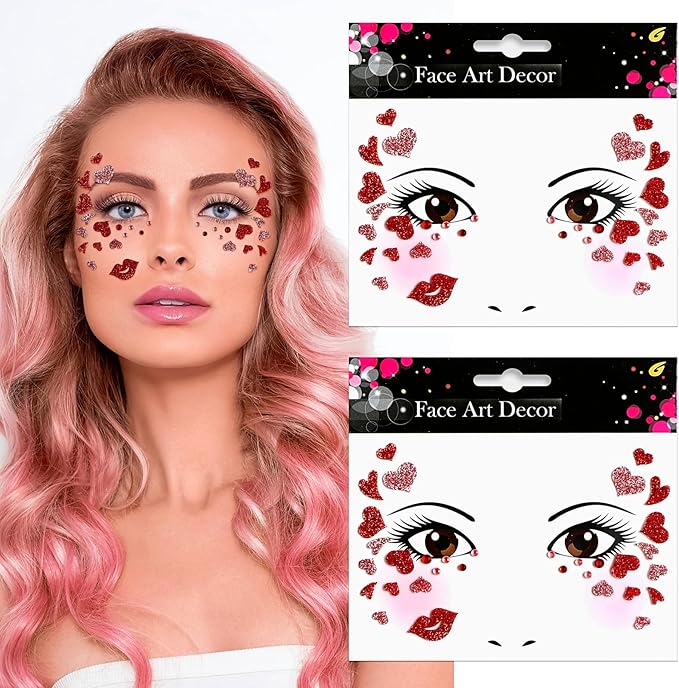 Valentine's Day Face Gems Face Jewels Stickers Red Love Heart Lip Self Adhesive Eye Body Face Nail Hair Crystal Rhinestones for Makeup Festival Glitter Face Art Decor 2Sheets (style1)