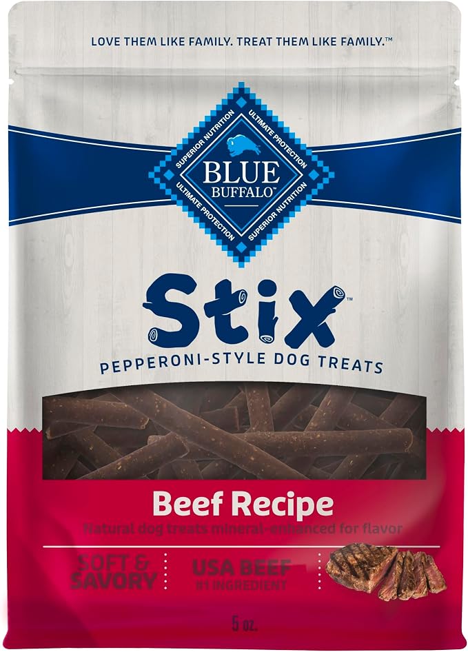 Blue Buffalo Stix Beef Pepperoni-Style Dog Treats, 5 oz | Real Beef #1 Ingredient, Soft & Easy to Tear, Developed by Veterinarians & Nutritionists, Great for Training