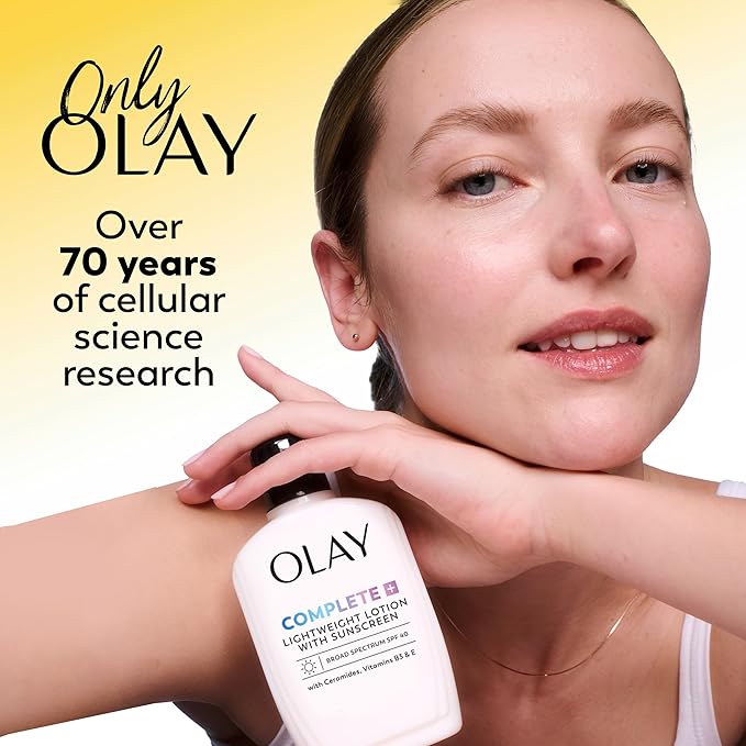 Olay Complete+ Face Moisturizer with Sunscreen SPF 40, For Sensitive Skin, Broad Spectrum Sun Protection, Fragrence-Free - No White Cast on All Tones, Nourishes Moisture Barrier - Ceramides, 6 Oz