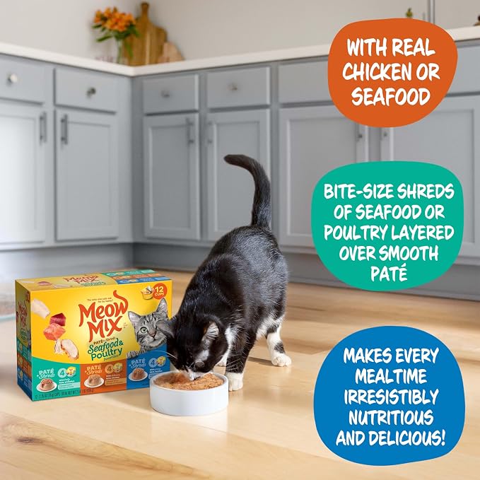 Meow Mix Paté & Shreds, Seafood & Poultry Wet Food Variety Pack, 12 Cups