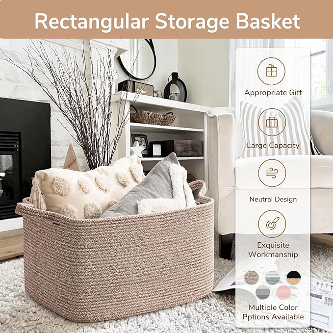 Goodpick Large Woven Rope Blanket Basket, Rectangle, Brown, 75L | 21.6'' x 14.9'' x 11.8'' Storage Basket for Blankets, Toys & Clothes, Living Room & Nursery Organization, Reinforced Handles