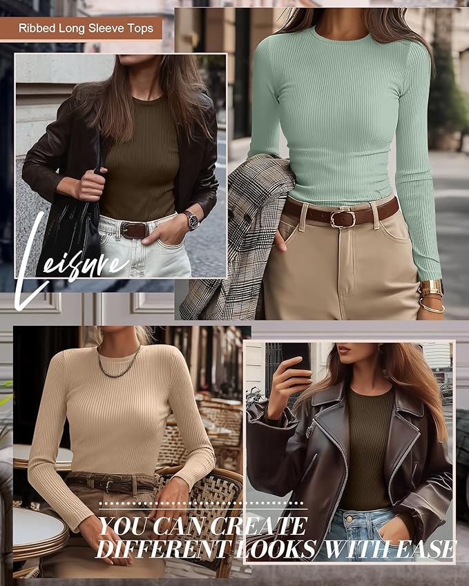 Ficerd 3 Pack Women's Ribbed Long Sleeve Tops, Crew Neck Slim Fit Undershirts Knit Basic Casual Stretch Layering Tee Shirts