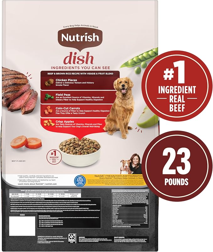 Nutrish Dish Dry Dog Food, Beef Recipe, 23 lb. Bag (Rachael Ray) | Made with Brown Rice and Veggies & Fruit Blend, Veterinarian Reviewed Formula, Complete & Balanced Nutrition For Dogs