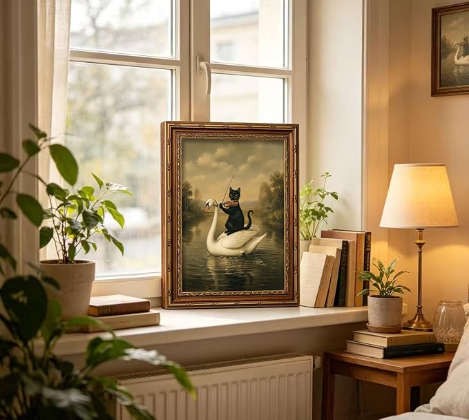 Vintage Gold Framed Black Cat Wall Art,Dark Academia Swan Painting Canvas Print,Moody Cottagecore Cute Animal Wall Decor, Rustic Farmhouse Animal Poster Artwork for Living Room Bedroom Bathroom
