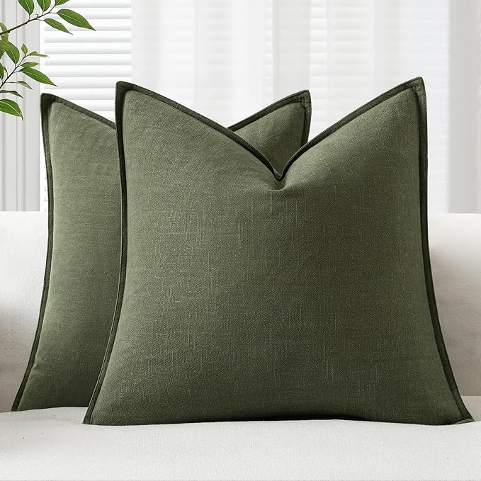 EMEMA Euro Decorative Linen Throw Pillow Covers 22x22 Inch Dark Olive Green | Sham Boho Farmhouse Neutral Couch Throw Pillows for Bed Pack of 2 Accent Pillowcase Modern Sofa Cushion Livingroom Home Decor