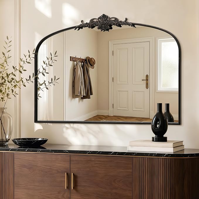 Besdomus Antique Arch Black Mirror: 55"x36" Extra Large Decorative Mirrors | French Vintage Baroque Ornate Metal Frame for Home Renovation - Ideal for Double Vanity/Entryway/Fireplace Mantel/Living Room