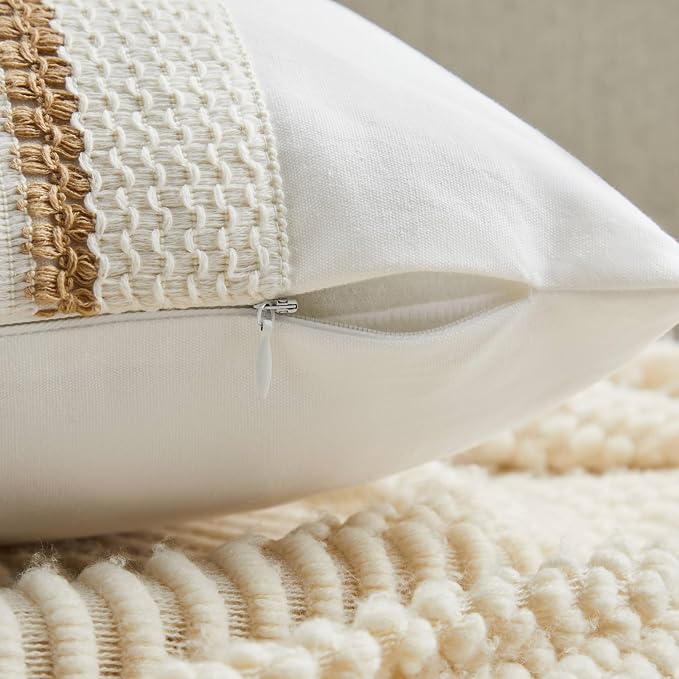 2pk Boho Pillow Covers 16x16, Natural White/Grid/Brown | 100% Organic Cotton Body, Stripe Embroidery, Farmhouse Decorative Cushion Covers for Sofa Bed Living Room Home Decor