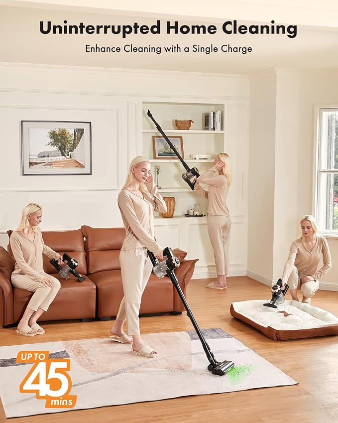Trucozie Cordless Vacuum Cleaner, 8-in-1 Lightweight Stick Vacuum with 45mins Runtime, Powerful Suction, Green Light & Self-Standing Vacuum Cleaners for Home, Hardwood Floors, Carpet, Pet Hair, Black