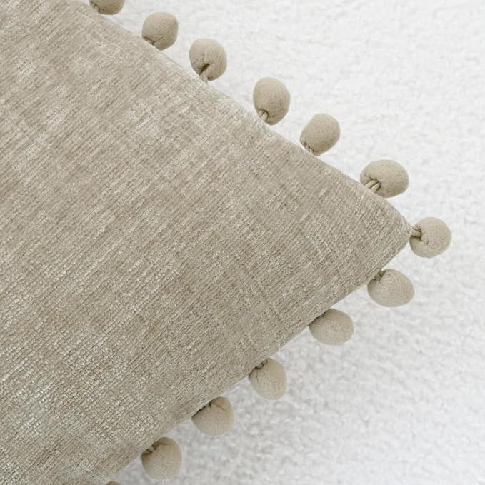 CaliTime Decorative Couch Throw Pillow Covers 16 X 16 Inches Taupe | Pack of 2, Cozy Chenille Cushion Cases, with Pom Poms for Sofa Bed Living Room Farmhouse Home