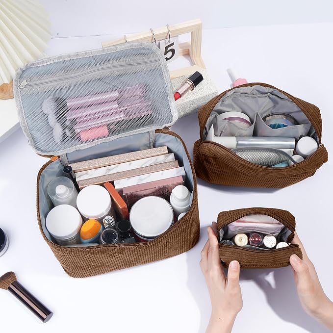 MAGEFY Small Makeup Bag for Purse Mini Cosmetics Bag Corduroy Cute Cosmetic Pouch for Women with Slip-in Pockets