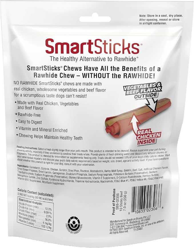 SmartBones SmartSticks Rawhide-Free Dog Treats, Real Beef, 10 Count | With With Real Beef & Chicken, Easy To Digest Chew, Vitamin & Mineral Enriched, Helps Maintain Healthy Teeth, For Small Dogs