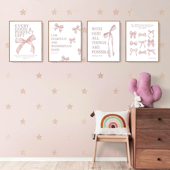 LARTSFRO Coquette Pink Bow Wall Art Decor Posters, Blush Pink Bow Room Bedroom Bathroom Dorm Wall Art Decor Aesthetic for College Teen Girls Gifts, Inspirational Bible Verses Bow Wall Decor, 10x8 Inch Set of 4 Pcs Bow Pictures (UNFRAMED)