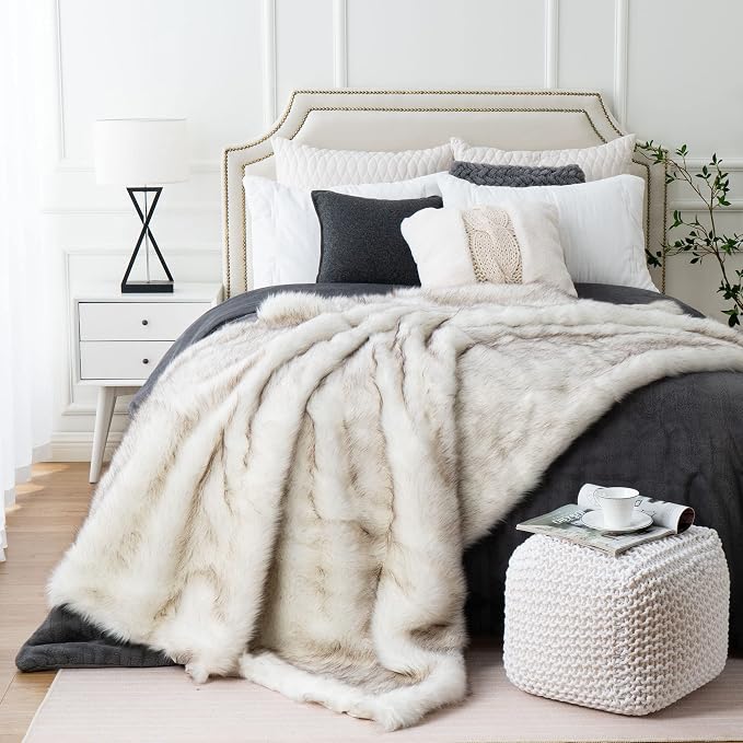BATTILO Luxury White Faux Fur Throw Blanket for Couch, 60"x80", Tip-Dyed | Large Fuzzy Fluffy Elegant Cozy White Blanket, Super Warm Heavy Thick Faux Fur Blanket for Bed, Living Room