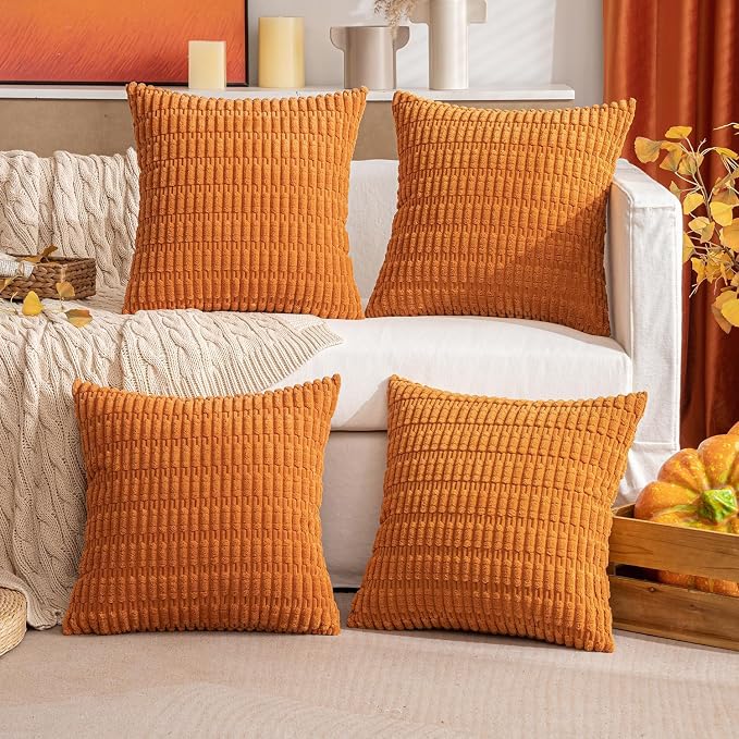 MIULEE Pack of 4 Fall Corduroy Throw Pillow Covers 18x18 Inch Burnt Orange | Neutral Rustic Farmhouse Boho Soft Striped Pillow Covers,Home Decor for Sofa,Living Room,Couch,Bed