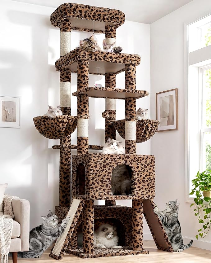 Globlazer Heavy Duty Cat Tree 78 inch Sturdy Cat Tower for 20lbs Large Adult Cats, Symmetrical Aesthetic Big Cat Tree with Extra Large Platform, 2 Scratching Boards, Z78, Leopard Print