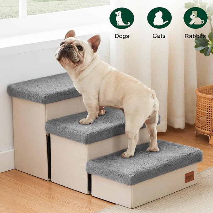 Love's cabin Dog Stairs for High Bed, Foldable Pet Stairs for Small Medium or Large Dogs Puppy with Storage for Bed or Couch, Cat Dog Steps Ramp with Zip up to 200 lbs, Grey, 3 Steps