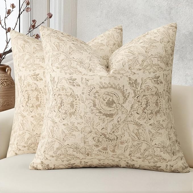 Vintage Floral Print Throw Pillow Covers 22x22 Set of 2 Neutral Modern Farmhouse Pillowcases Accent Decorative Cushion Covers Boho Home Decor for Couch Sofa Chair Bed Living Room, Natural Beige