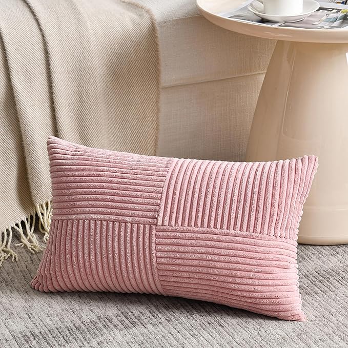 Fancy Homi Blush Pink Lumbar Decorative Throw Pillow Covers 16x32 Inch for Living Room Couch Bed, Rustic Farmhouse Boho Home Decor, Soft Striped Corduroy Rectangle Accent Cushion Case 40x80 cm