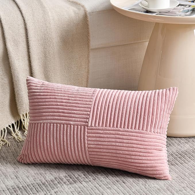 Fancy Homi Set of 1 Blush Pink Lumbar Decorative Throw Pillow Covers 14x24 Inch for Couch Bed, Rustic Farmhouse Boho Home Decor, Soft Striped Corduroy Rectangle Accent Cushion Case 35x60 cm