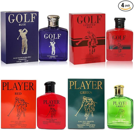 A CENTER Men's Cologne Gift Set 4 Pack(Golf Blue,Golft Limited Red,Player Green,Player Red)- 3.4 Fl Oz Each | Vanilla Floral & Woody & Amber Floral Fragrance | Luxury Eau de Toilette