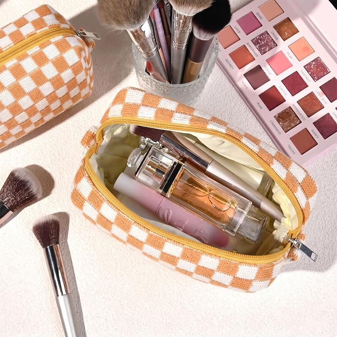 SOIDRAM 2 Pieces Makeup Bag Large Checkered Cosmetic Bag Capacity Canvas Mix Travel Toiletry Bag Organizer Cute Makeup Brushes Aesthetic Accessories Storage Bag for Women, Yellow checkered