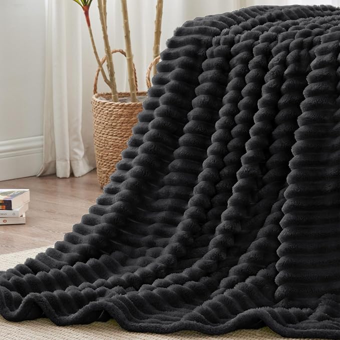 BEDELITE Ribbed Full Size Blanket for Bed, Black, 84"x90" | Ultra-Soft Plush Fleece, Warm Yet Lightweight, Ribbed Texture, Home Decor, Machine Washable, Giftable, All-Season Use