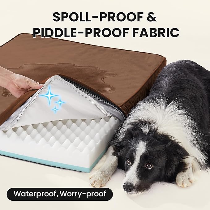 OhGeni Orthopedic Waterproof Med Large Dog Bed, Memory Foam, 36 inch(Brown) | Machine-Washable Removable Cover in Easy-Clean Fabric, Reversible Memory Foam & Easy-Carry Handle, Wider and Larger