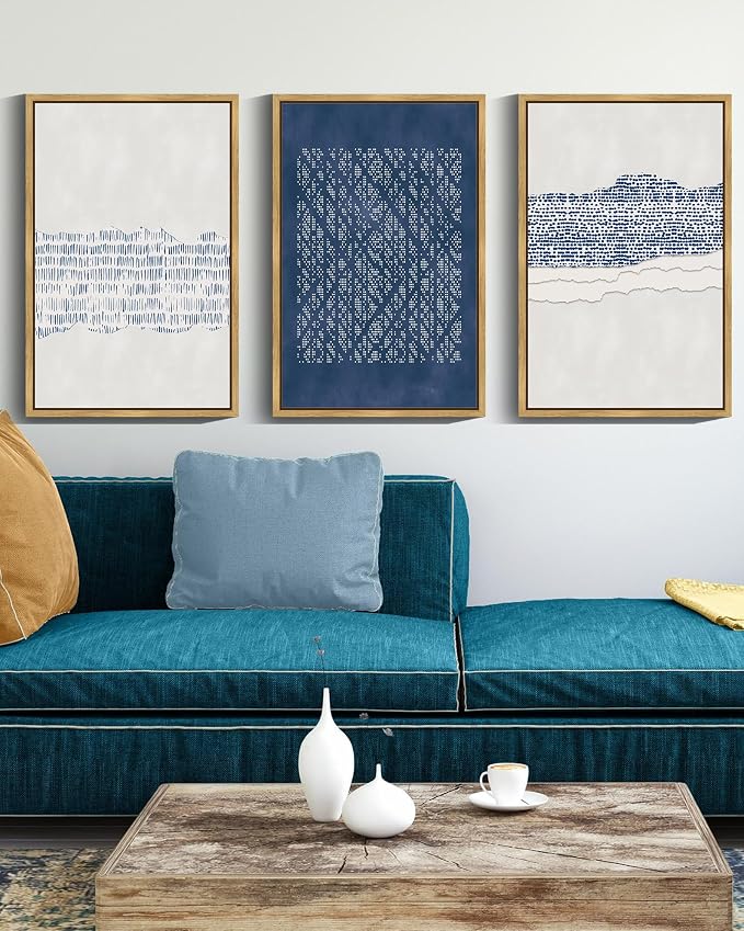 Drsoum Blue Abstract Boho Framed Wall Art Large 16x24in Minimalist Mid-Century Modern Wall Decor Geometric Artwork Kitchen Dining Room Natural Framed