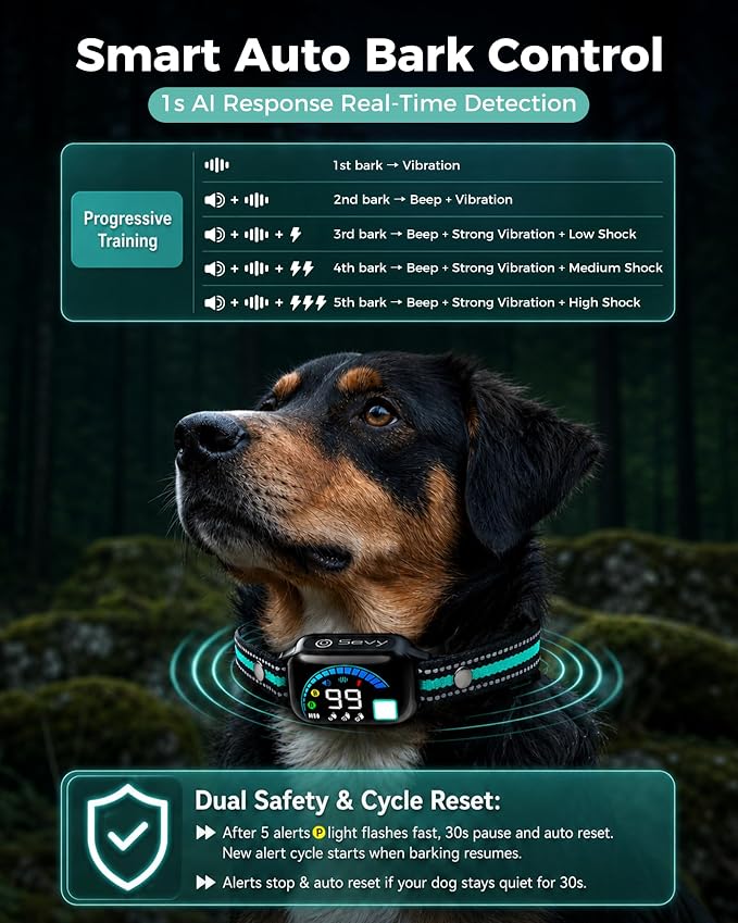 Sevy Buzzy 2-in-1 Dog Bark Collar & Dog Shock Collar with Remote, Smart Anti Bark Dog Training Collar, 3300FT Dog E Collar with 4 Training Modes, LED Light, IP67 Waterproof for Small Medium Large Dogs