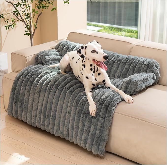 Avont Breathable Dog Couch Mat, Non-Slip Sofa Protector with Soft Plush | Available with Faux Rabbit Fleece and Washable Cover, in M and L, Dark Grey, Light Grey, Brown