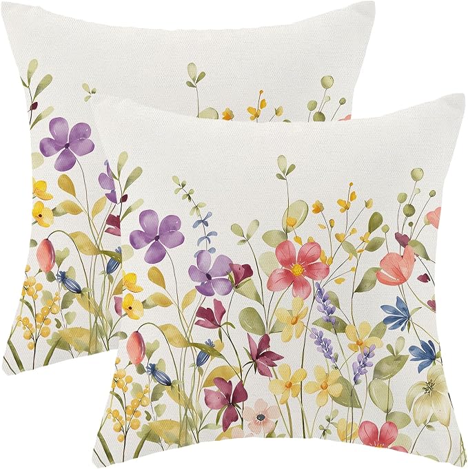 AEIOAE Spring Pillow Covers 20x20 Inch Set of 2, Colorful Wild Flower Leaves Plant Throw Pillows Case,Seasonal Floral Outdoor Decorative Farmhouse Decor Cushion Covers for Home Sofa Bed Couch