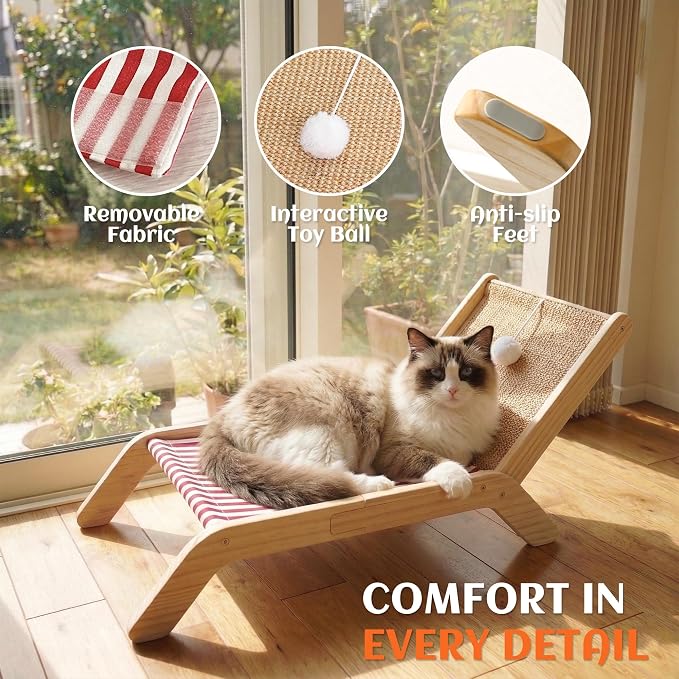 PETKARAY Cat Hammock with Coconut Palm Tree Scratching Post, Cozy Beach Chair Elevated Cat Beds, Original Lounger for Indoor Cats