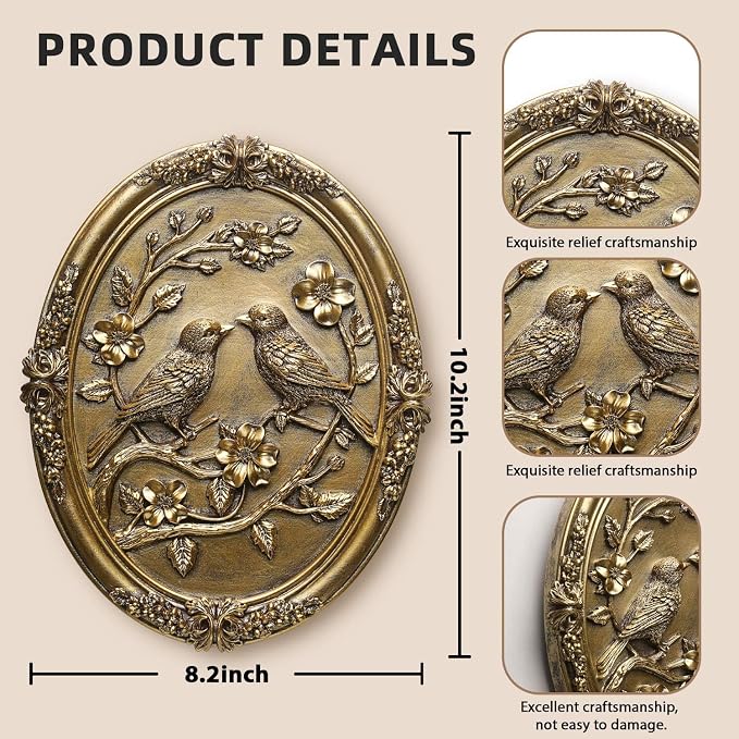 Vintage Bird Wall Art 2 Pack Antique Wall Decor Retro Wall Art Bird Wall Sculpture Hand Painted Wall Decoration with Embossed Birds Design Vintage Decor for Living Room Bedroom Gallery Unique Gifts (Gold Birds)