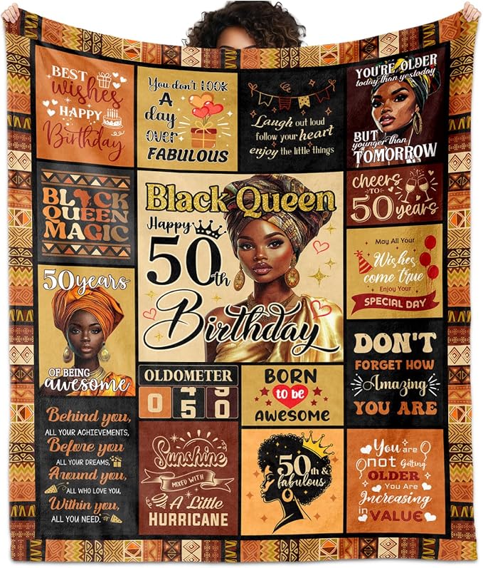 African American 50th Birthday Gifts for Women Blanket 60"X50", Encouragement Inspirational Bday Gift, 50 Year Old Birthday Gifts for Black Women Mom Lady Girl Friend