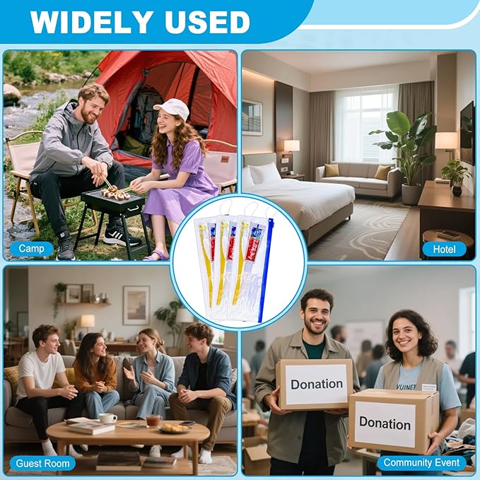 Xuezoioy 50 pcs Disposable Toothbrushes with Toothpaste and Floss Set,Yellow Individually Wrapped Bulk Single Use Toothbrush Floss Cover Travel Toothbrushes Kit with Zip Bag for Homeless,Hotel,Guest