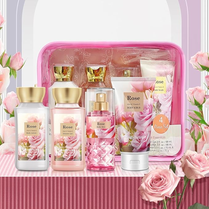 Mother's Day Rose Spa Gift Set - 4PCS Luxury Bath and Body Kit for Women with Shower Gel, Body Scrub, Lotion & Body Mist - Portable Travel Size Self Care Gift for Mom, Wife, or Her