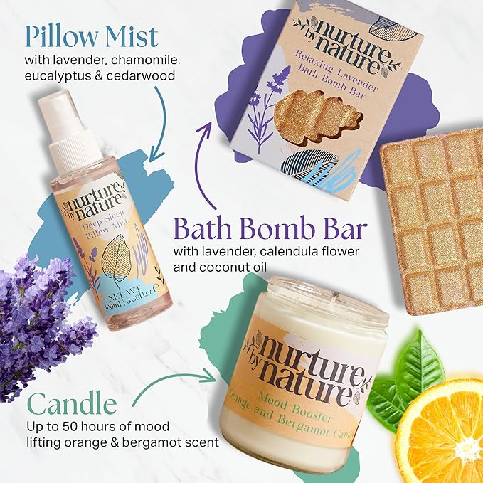 Nurture by Nature Spa Gifts for Women - Self Care Gift Set & Spa Gift Basket for Women, 6 Piece Bath Set with Candle, Bath Bomb, Salts & Pillow Spray - Relaxation Gifts, Mothers Day Gifts for Mom