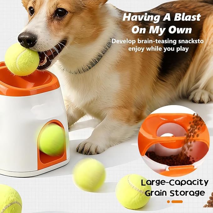 2-in-1 Dog Tennis Ball Launcher & Treat Dispenser, Interactive Spring-Loaded Fetch Toy with Snack Storage, Mental Stimulation & Exercise Toy for Small to Medium Dogs (Durable Tennis Ball Included) ﻿