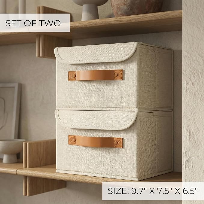 Decorative Linen Storage Boxes with Lids - Spacious Set of 2 Organizer Bins | The Perfect Small Container for Home Decor - Safely Store Photos, Documents and Memory Box Keepsakes in Style